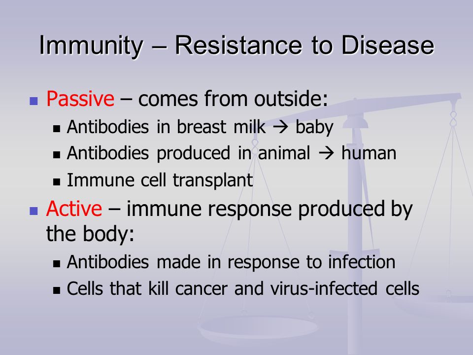 Immunity – Resistance to Disease Passive – comes from outside: Antibodies in breast milk  baby Antibodies produced in animal  human Immune cell transplant Active – immune response produced by the body: Antibodies made in response to infection Cells that kill cancer and virus-infected cells