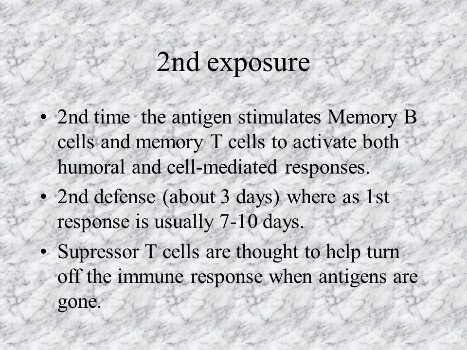 2nd exposure 2nd time the antigen stimulates Memory B cells and memory T cells to activate both humoral and cell-mediated responses.