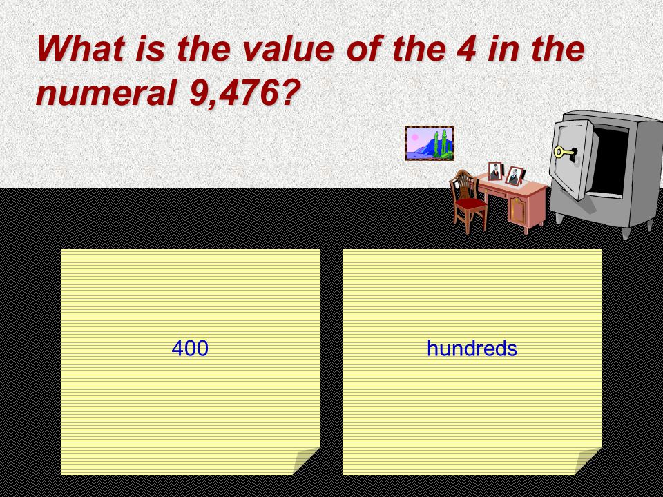 What is the value of the 4 in the numeral 9, hundreds