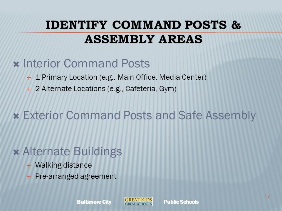 Baltimore City Public Schools IDENTIFY COMMAND POSTS & ASSEMBLY AREAS  Interior Command Posts  1 Primary Location (e.g., Main Office, Media Center)  2 Alternate Locations (e.g., Cafeteria, Gym)  Exterior Command Posts and Safe Assembly  Alternate Buildings  Walking distance  Pre-arranged agreement 17
