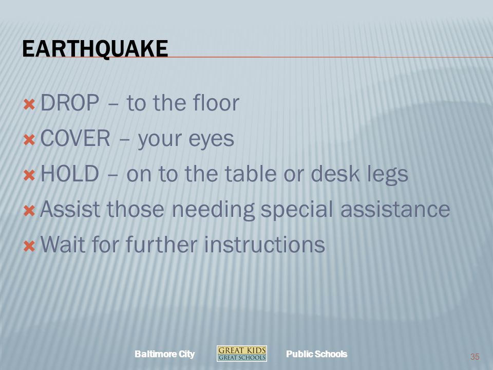 Baltimore City Public Schools EARTHQUAKE  DROP – to the floor  COVER – your eyes  HOLD – on to the table or desk legs  Assist those needing special assistance  Wait for further instructions 35