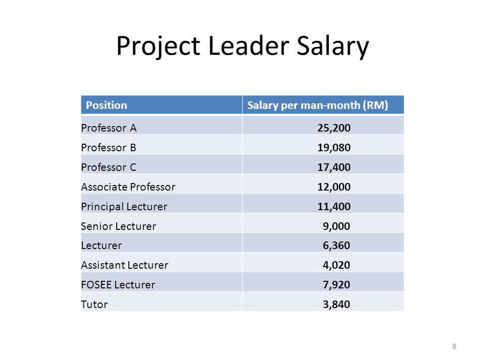 Project Leader Salary PositionSalary per man-month (RM) Professor A 25,200 Professor B 19,080 Professor C 17,400 Associate Professor 12,000 Principal Lecturer 11,400 Senior Lecturer 9,000 Lecturer 6,360 Assistant Lecturer 4,020 FOSEE Lecturer 7,920 Tutor 3,840 8