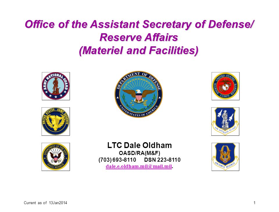 Current as of 13Jan20141 LTC Dale Oldham OASD/RA(M&F) (703) DSN