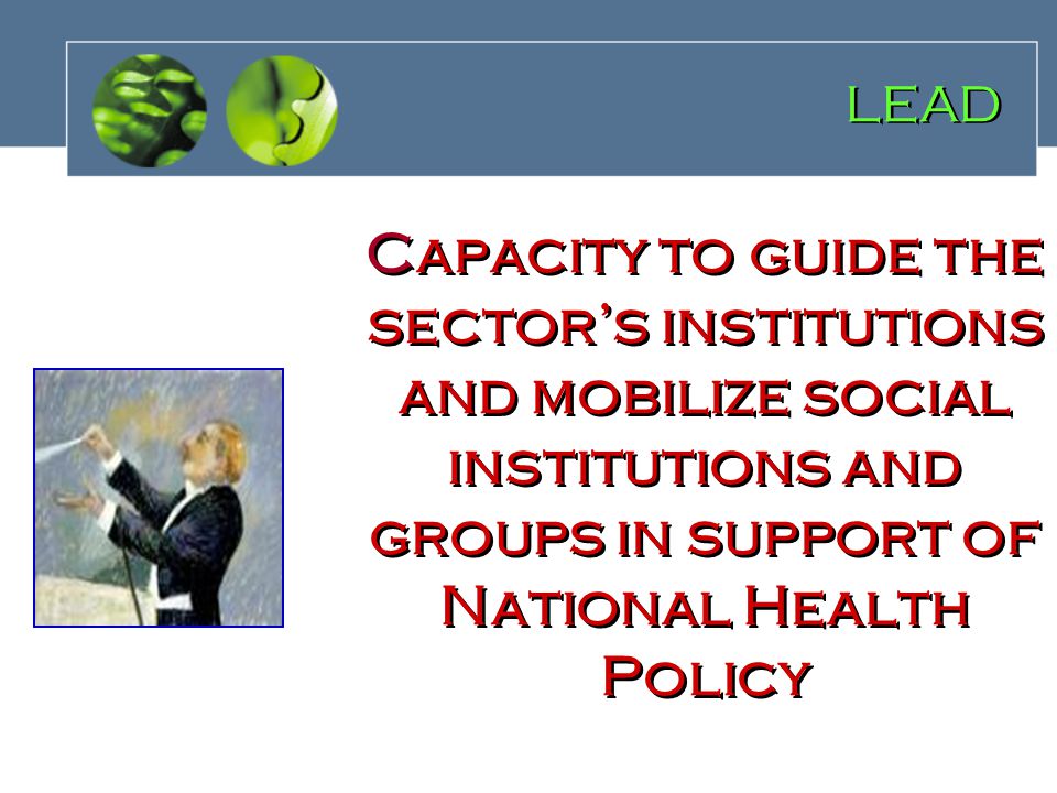 LEAD LEAD Capacity to guide the sector’s institutions and mobilize social institutions and groups in support of National Health Policy