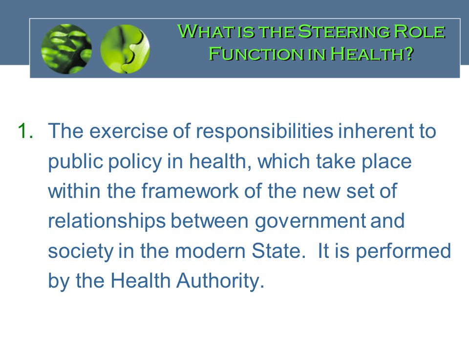 1.The exercise of responsibilities inherent to public policy in health, which take place within the framework of the new set of relationships between government and society in the modern State.