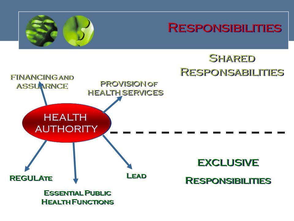 HEALTH AUTHORITY HEALTH AUTHORITY FINANCING and ASSUARNCE PROVISION of HEALTH SERVICES REGULAte Lead EXCLUSIVE Responsibilities EXCLUSIVE Responsibilities Shared Responsabilities Responsibilities Essential Public Health Functions