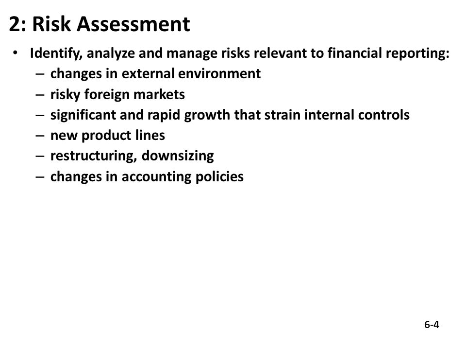 2: Risk Assessment Identify, analyze and manage risks relevant to financial reporting: – changes in external environment – risky foreign markets – significant and rapid growth that strain internal controls – new product lines – restructuring, downsizing – changes in accounting policies 6-4