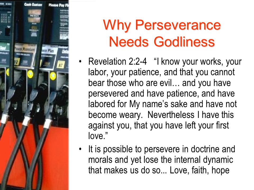 Why Perseverance Needs Godliness Revelation 2:2-4 I know your works, your labor, your patience, and that you cannot bear those who are evil… and you have persevered and have patience, and have labored for My name’s sake and have not become weary.