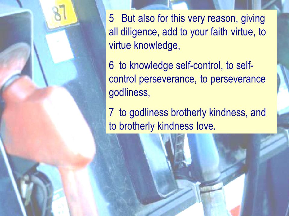 5 But also for this very reason, giving all diligence, add to your faith virtue, to virtue knowledge, 6 to knowledge self-control, to self- control perseverance, to perseverance godliness, 7 to godliness brotherly kindness, and to brotherly kindness love.