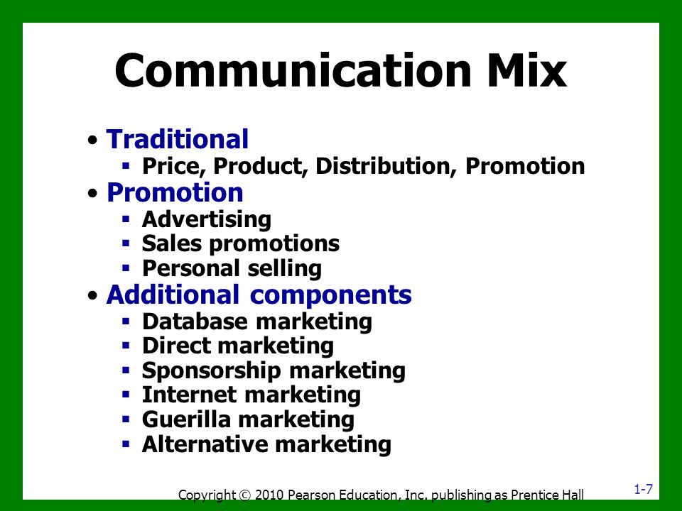 Communication Mix Traditional  Price, Product, Distribution, Promotion Promotion  Advertising  Sales promotions  Personal selling Additional components  Database marketing  Direct marketing  Sponsorship marketing  Internet marketing  Guerilla marketing  Alternative marketing Copyright © 2010 Pearson Education, Inc.