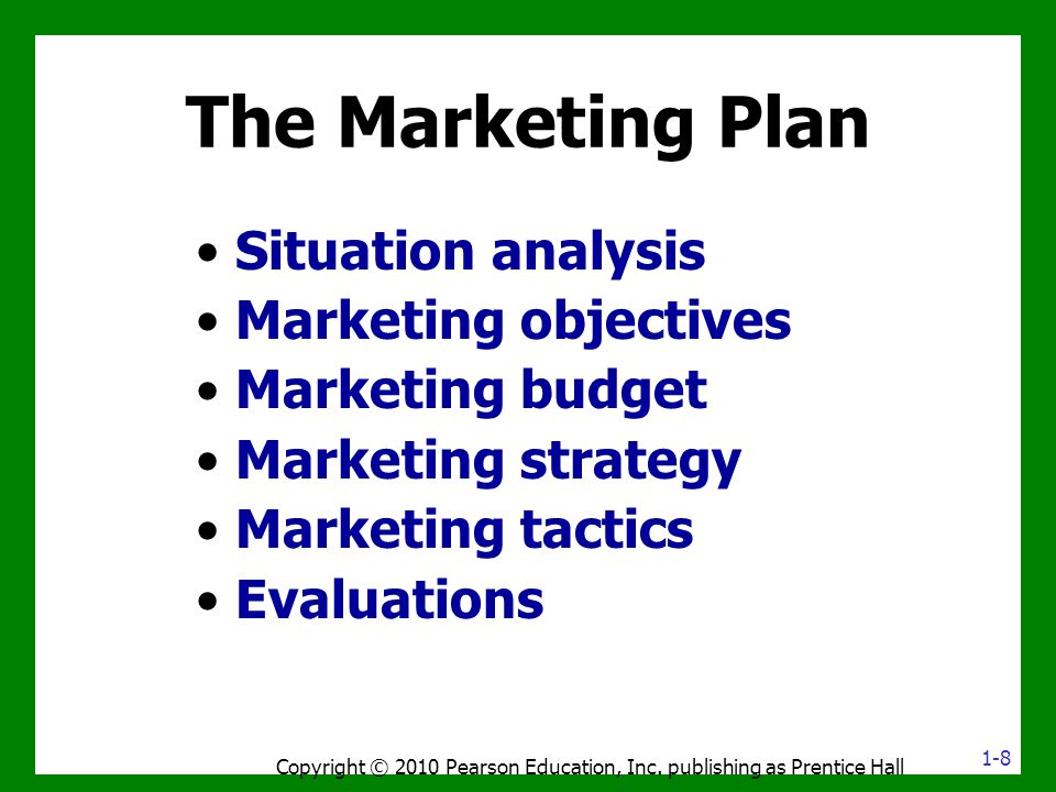 The Marketing Plan Situation analysis Marketing objectives Marketing budget Marketing strategy Marketing tactics Evaluations Copyright © 2010 Pearson Education, Inc.