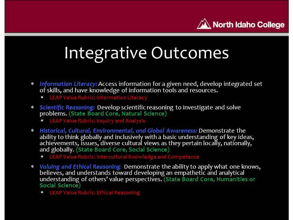 Integrative Outcomes  Information Literacy: Access information for a given need, develop integrated set of skills, and have knowledge of information tools and resources.