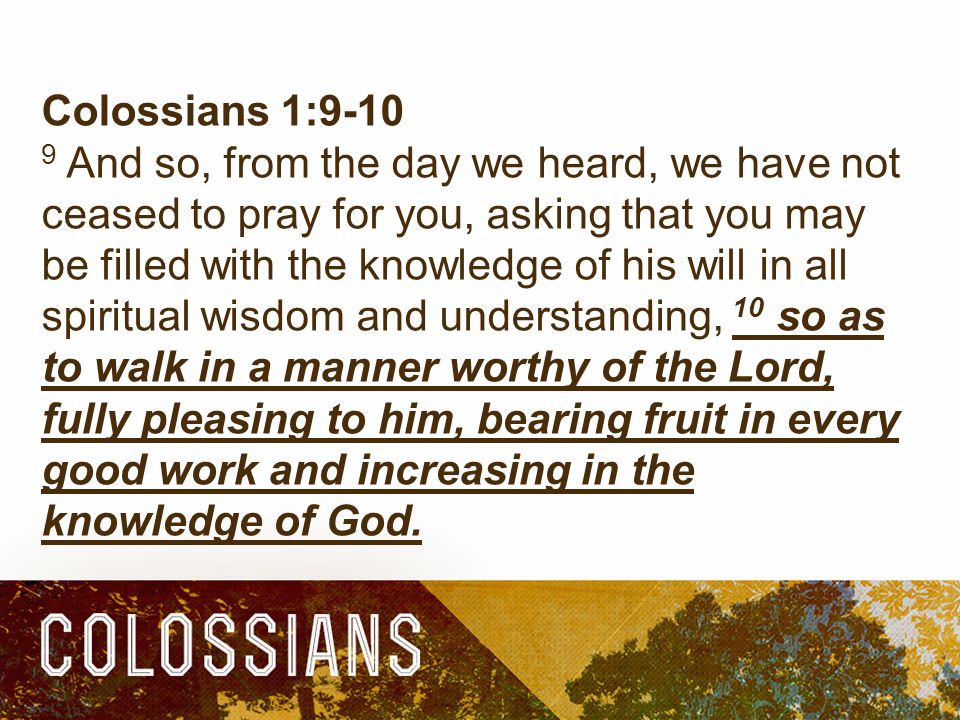 Colossians 1: And so, from the day we heard, we have not ceased to pray for you, asking that you may be filled with the knowledge of his will in all spiritual wisdom and understanding, 10 so as to walk in a manner worthy of the Lord, fully pleasing to him, bearing fruit in every good work and increasing in the knowledge of God.