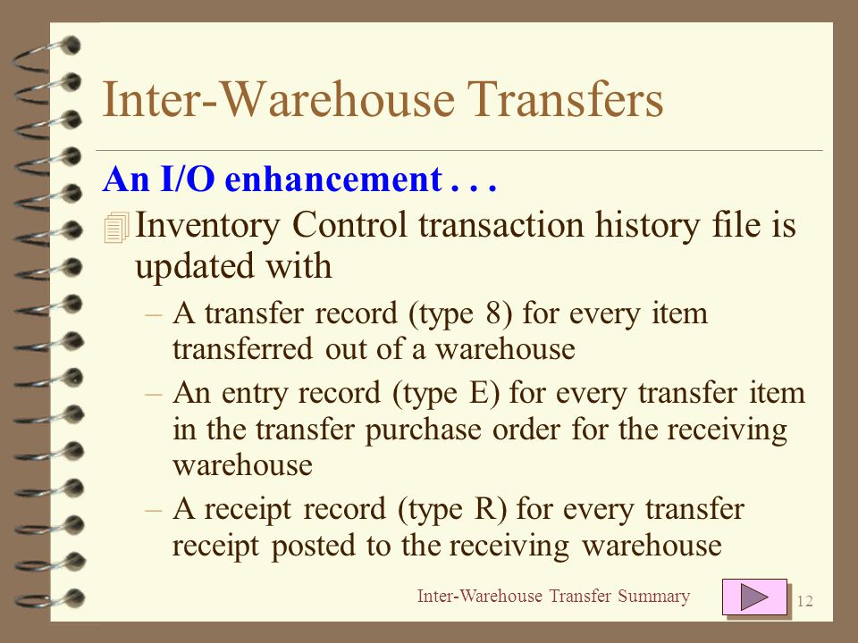 11 Inter-Warehouse Transfers 4 Posting transfer orders –Transfer orders that have been received may be posted just like standard vendor receipts –If the e-DMAS Bar Code Assisted Receiving enhancement is installed, inventory put-away, reconciliation to the P/O, and posting occurs just like other bar code assisted receipts An I/O enhancement...