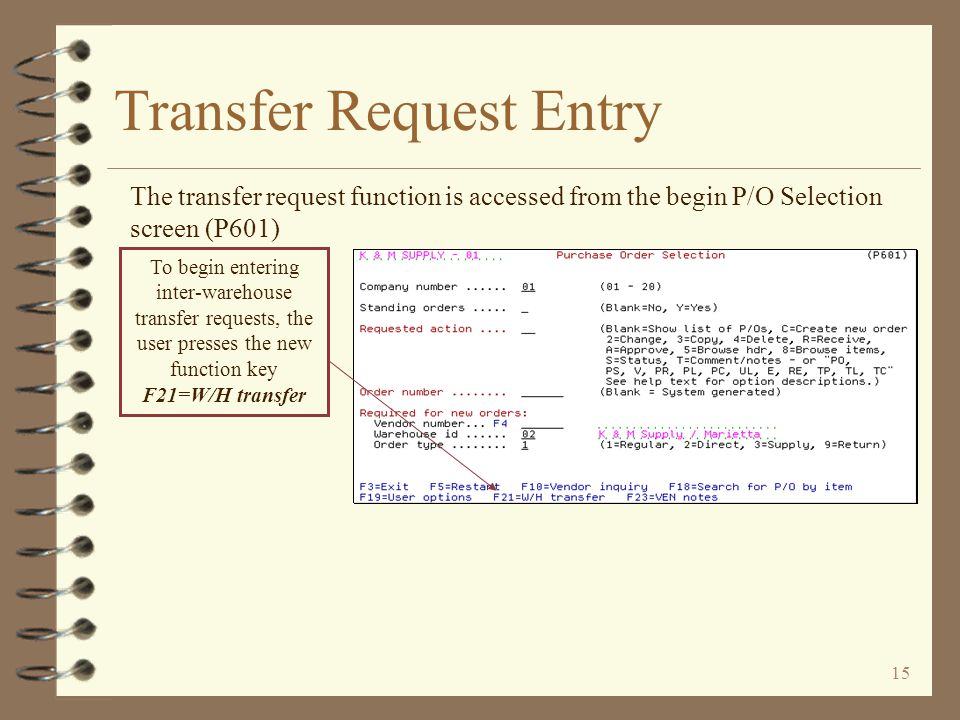 14 Transfer Request Entry 4 The entry of transfer requests is very similar to standard purchase order entry 4 The user indicates the sending and receiving warehouses 4 If the sending/receiving warehouse is not assigned to a specific company, the user must key the intended company number 4 A dummy vendor number is used based on the sending warehouse number 4 Transfer requests are automatically entered as supply P/Os 4 When entry is finished, the user completes the transfer request by printing/posting the P/O
