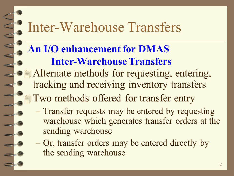 Inter-Warehouse Transfers An Enhancement For iSeries 400 DMAS from  Copyright I/O International, 2004, 2005, 2007, 2010 Skip Intro