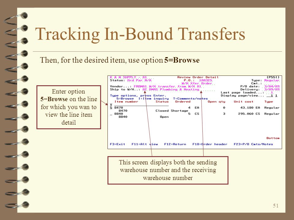 50 Tracking In-Bound Transfers The details of a transfer item may be displayed for viewing A missing vendor item warning message may be ignored since this is a dummy vendor and transfer items do not require vendor item records The source from which this item was received is identified at the bottom of the screen Return to previous slide