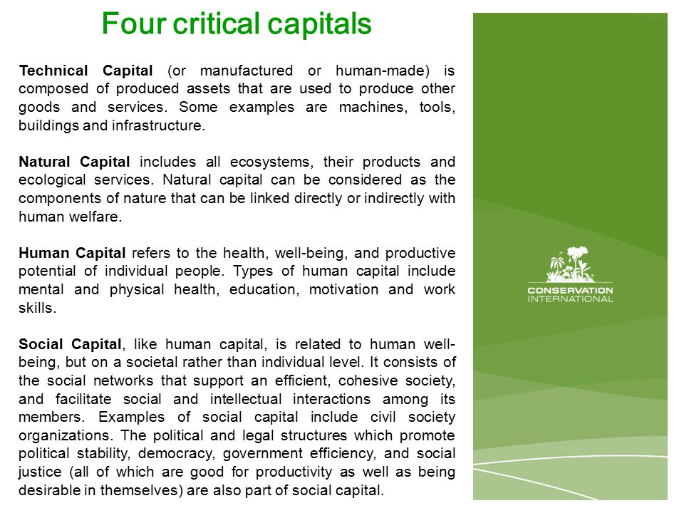 Four critical capitals Technical Capital (or manufactured or human-made) is composed of produced assets that are used to produce other goods and services.
