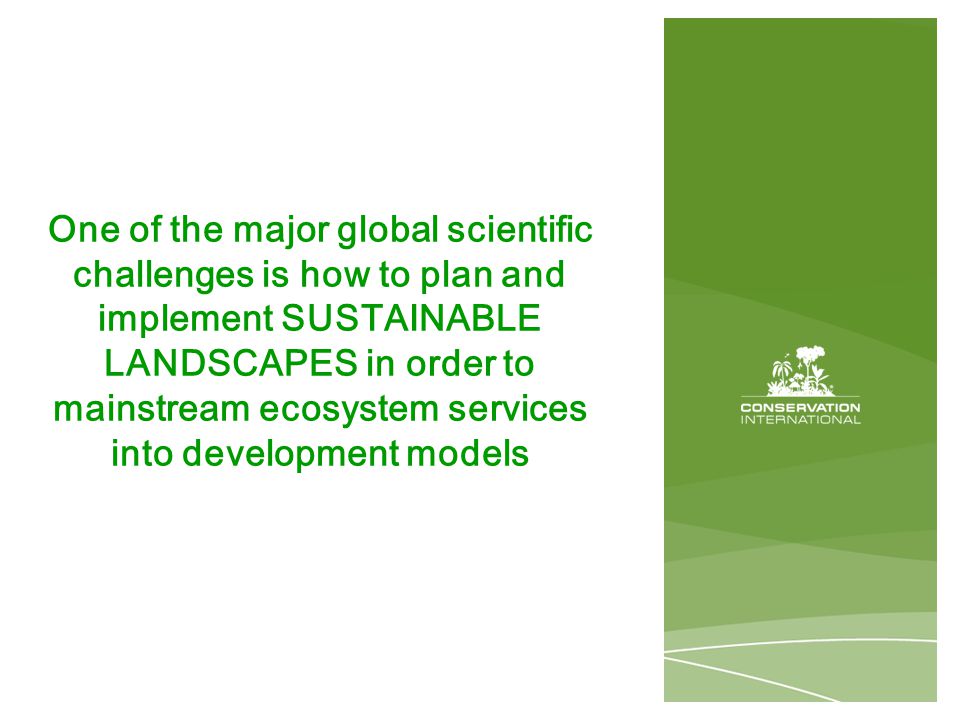 One of the major global scientific challenges is how to plan and implement SUSTAINABLE LANDSCAPES in order to mainstream ecosystem services into development models