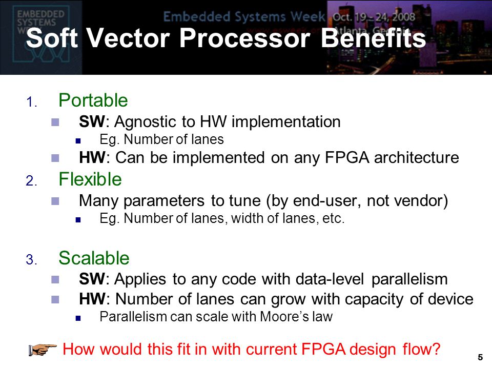 5 Soft Vector Processor Benefits 1. Portable SW: Agnostic to HW implementation Eg.