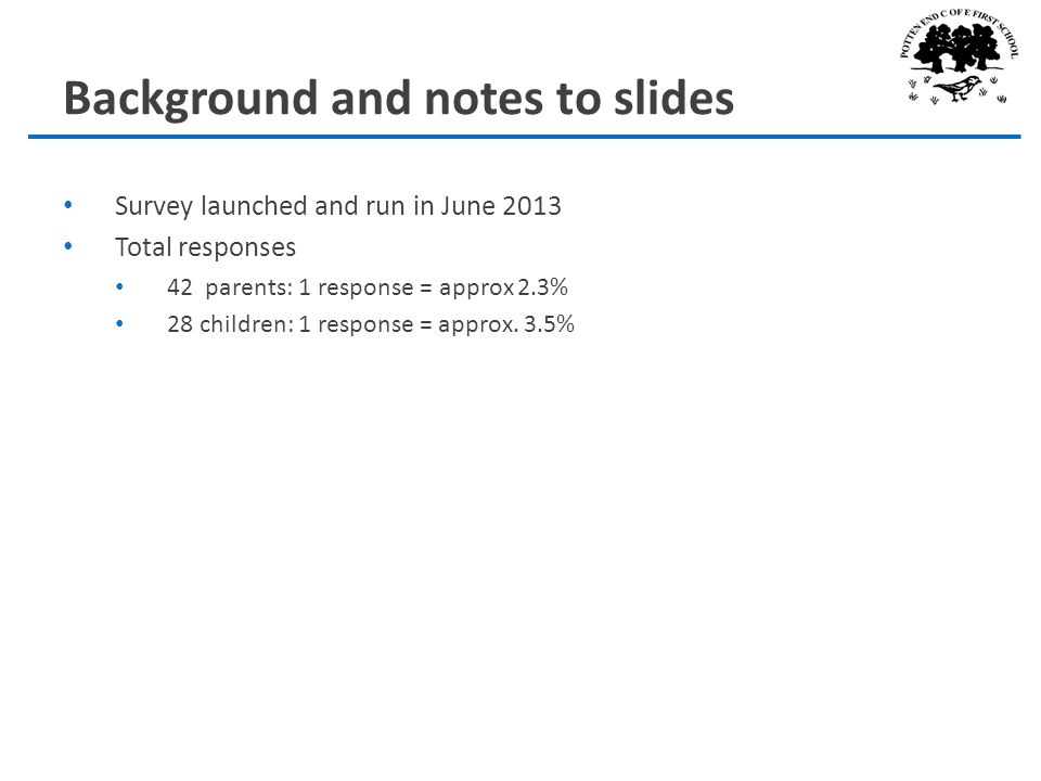 Background and notes to slides Survey launched and run in June 2013 Total responses 42 parents: 1 response = approx 2.3% 28 children: 1 response = approx.