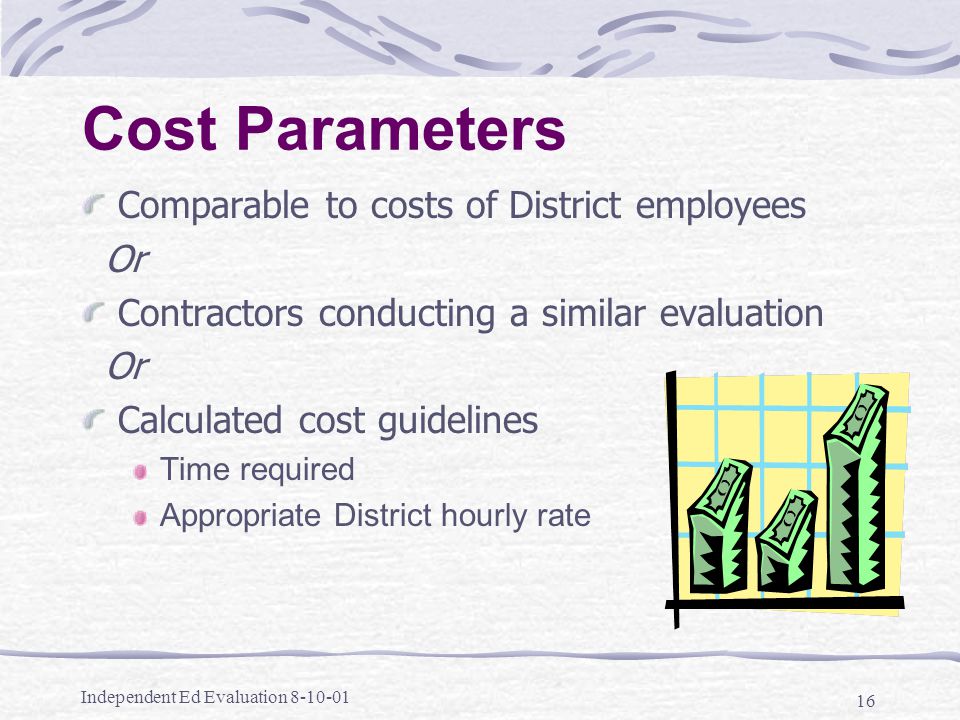 Independent Ed Evaluation Cost Parameters Comparable to costs of District employees Or Contractors conducting a similar evaluation Or Calculated cost guidelines Time required Appropriate District hourly rate