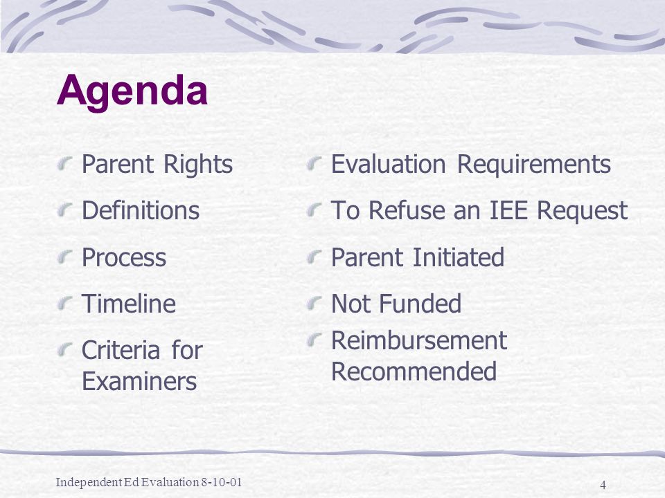 Independent Ed Evaluation Agenda Parent Rights Definitions Process Timeline Criteria for Examiners Evaluation Requirements To Refuse an IEE Request Parent Initiated Not Funded Reimbursement Recommended