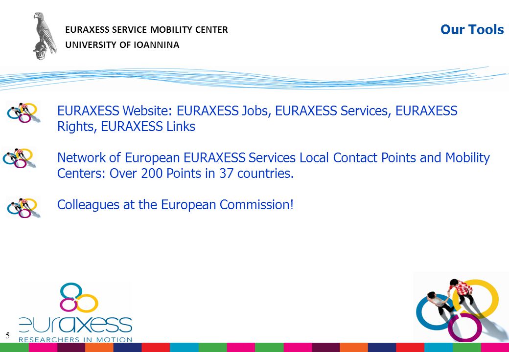 5 Our Tools EURAXESS Website: EURAXESS Jobs, EURAXESS Services, EURAXESS Rights, EURAXESS Links Network of European EURAXESS Services Local Contact Points and Mobility Centers: Over 200 Points in 37 countries.