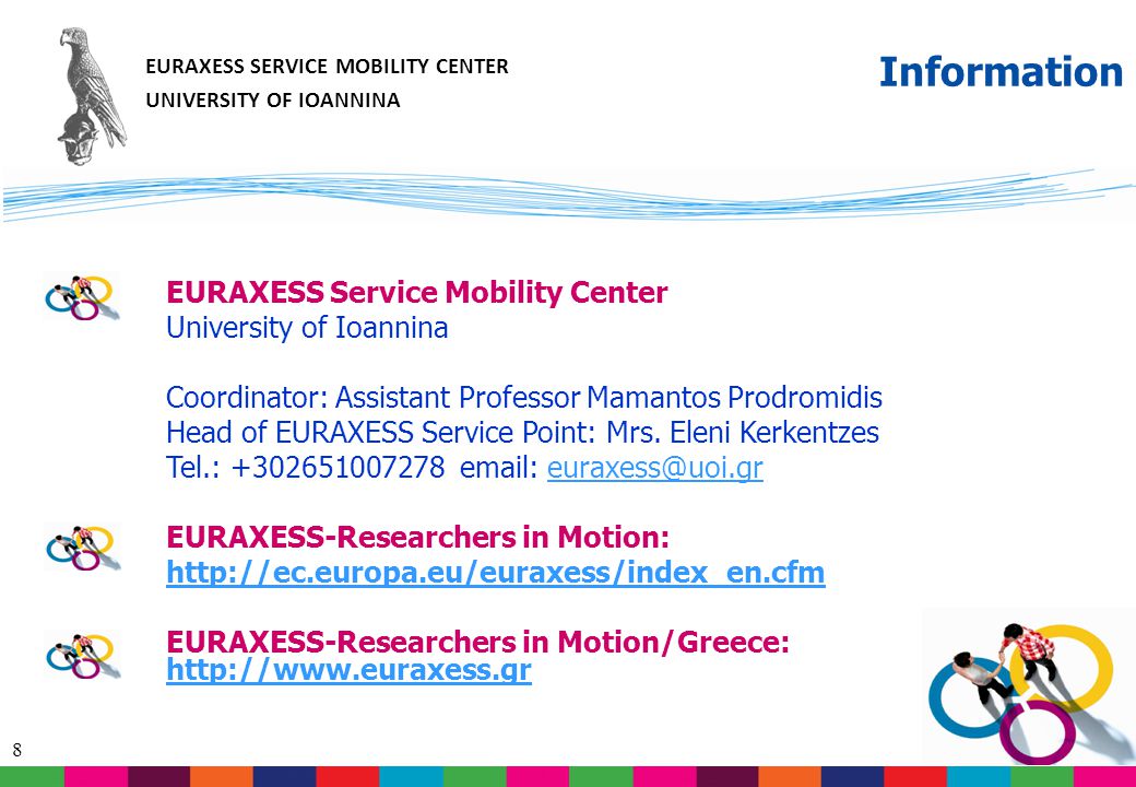 8 Information ΕURAXESS Service Mobility Center University of Ioannina Coordinator: Assistant Professor Mamantos Prodromidis Head of EURAXESS Service Point: Mrs.
