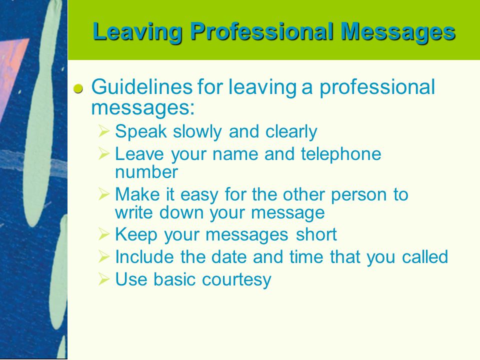 Leaving Professional Messages Guidelines for leaving a professional messages:   Speak slowly and clearly   Leave your name and telephone number   Make it easy for the other person to write down your message   Keep your messages short   Include the date and time that you called   Use basic courtesy