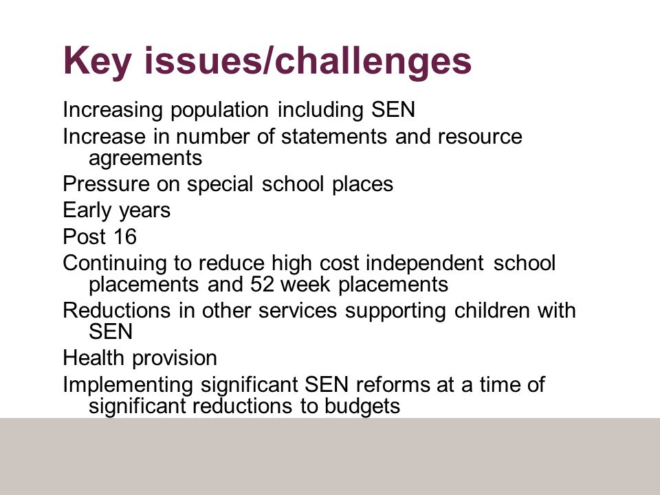 Key issues/challenges Increasing population including SEN Increase in number of statements and resource agreements Pressure on special school places Early years Post 16 Continuing to reduce high cost independent school placements and 52 week placements Reductions in other services supporting children with SEN Health provision Implementing significant SEN reforms at a time of significant reductions to budgets