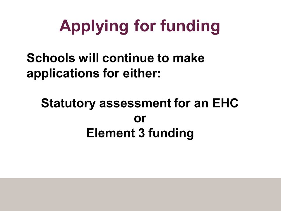 Applying for funding Schools will continue to make applications for either: Statutory assessment for an EHC or Element 3 funding