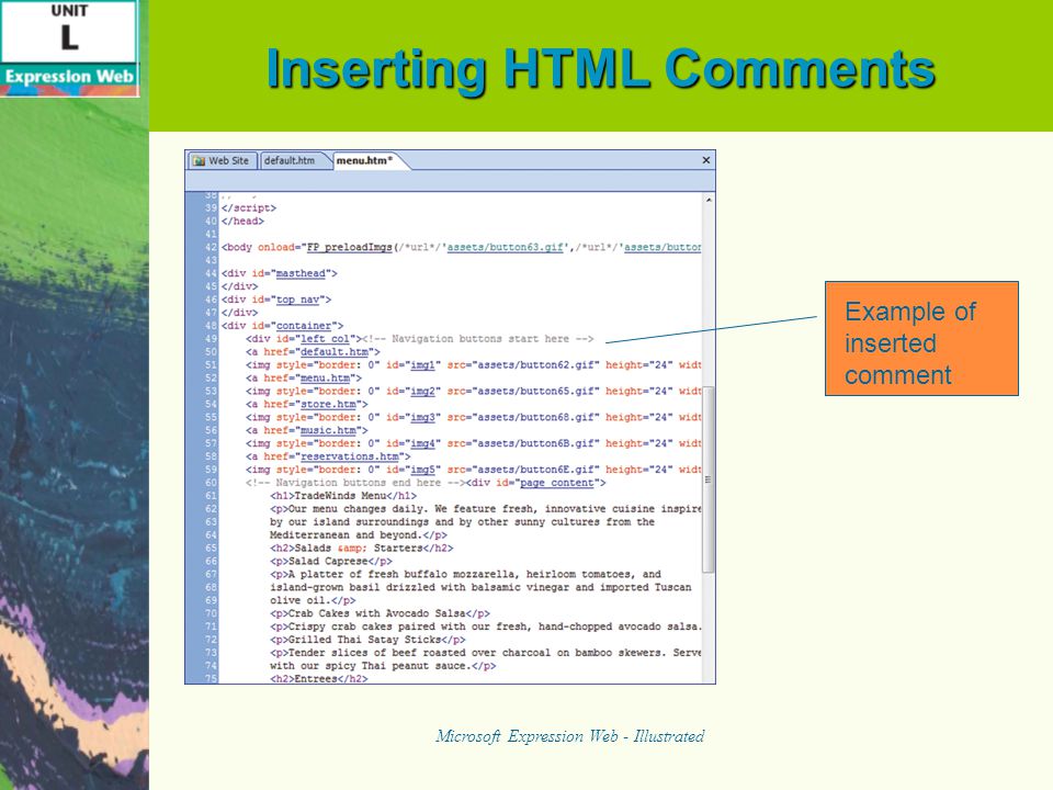 Inserting HTML Comments Microsoft Expression Web - Illustrated Example of inserted comment