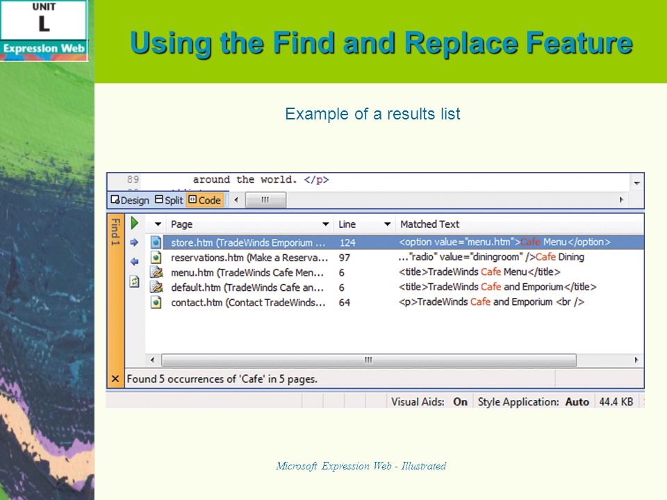 Using the Find and Replace Feature Microsoft Expression Web - Illustrated Example of a results list
