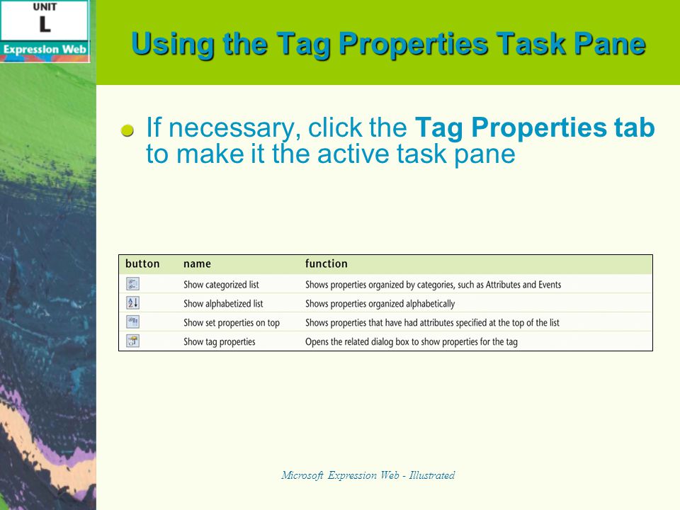 Using the Tag Properties Task Pane If necessary, click the Tag Properties tab to make it the active task pane Microsoft Expression Web - Illustrated