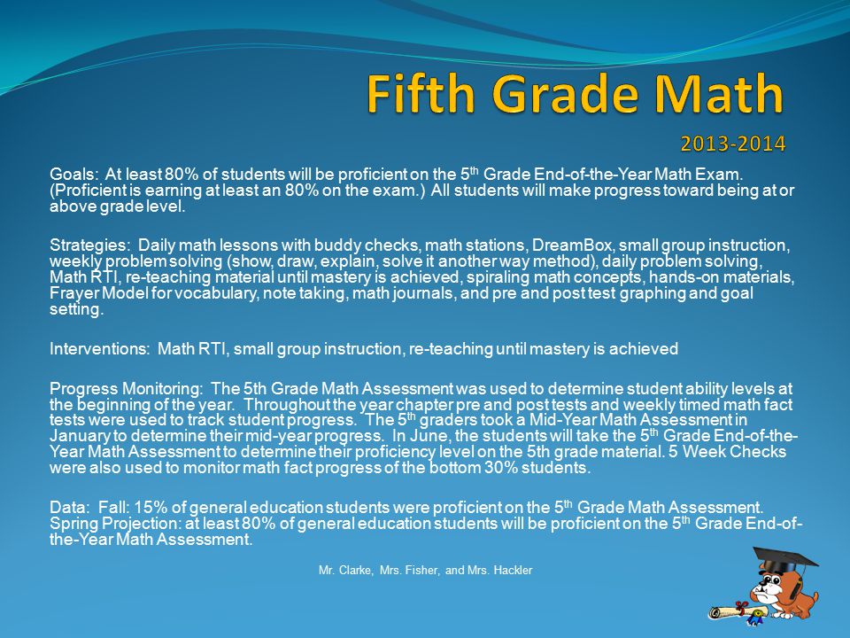 Goals: At least 80% of students will be proficient on the 5 th Grade End-of-the-Year Math Exam.
