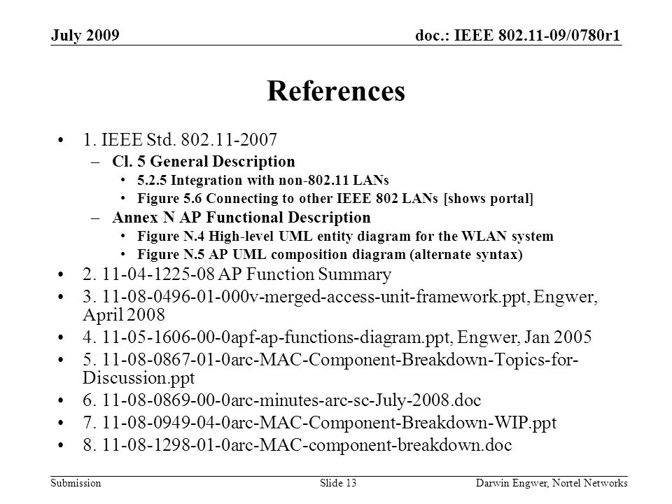 doc.: IEEE /0780r1 Submission July 2009 Darwin Engwer, Nortel NetworksSlide 13 References 1.
