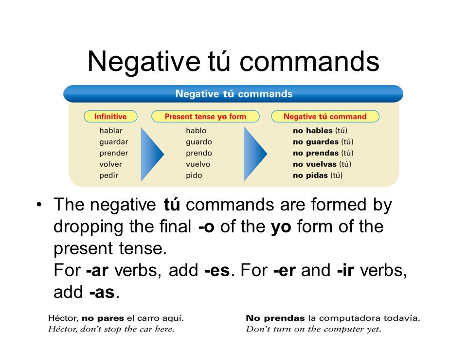 Negative tú commands The negative tú commands are formed by dropping the final -o of the yo form of the present tense.