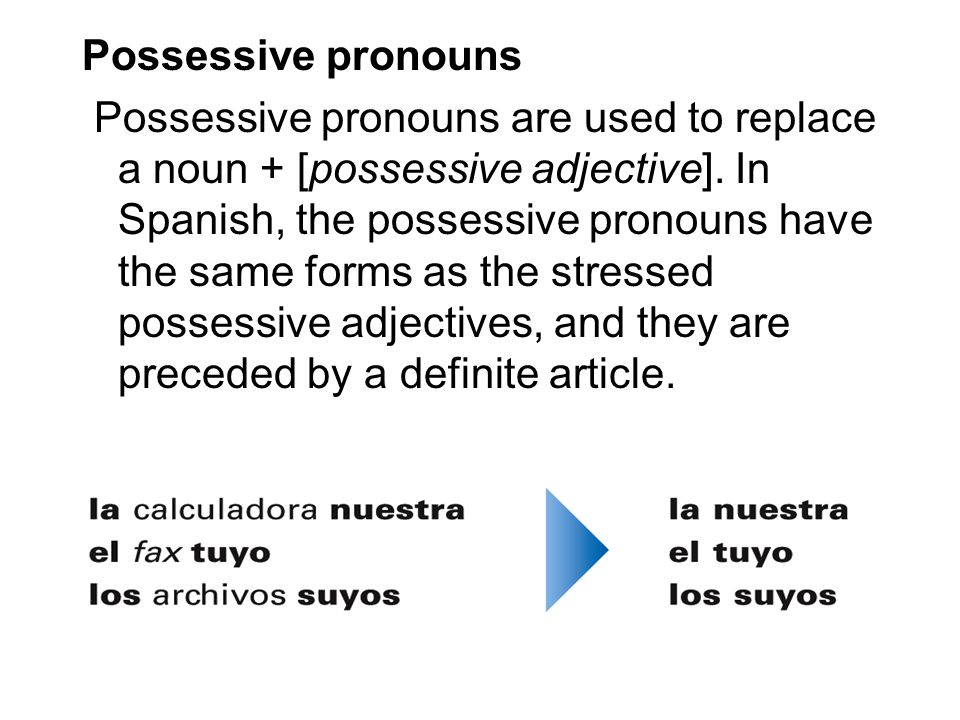 Possessive pronouns Possessive pronouns are used to replace a noun + [possessive adjective].