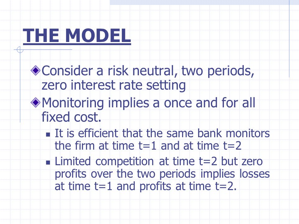 THE MODEL Consider a risk neutral, two periods, zero interest rate setting Monitoring implies a once and for all fixed cost.