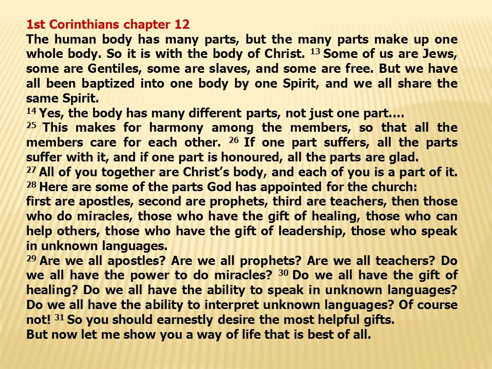1st Corinthians chapter 12 The human body has many parts, but the many parts make up one whole body.