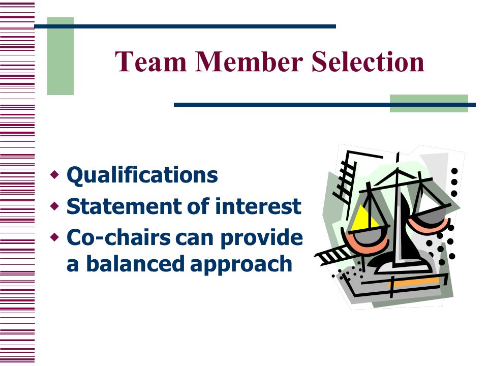 Team Member Selection  Qualifications  Statement of interest  Co-chairs can provide a balanced approach