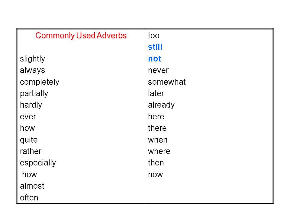 Commonly Used Adverbs slightly always completely partially hardly ever how quite rather especially how almost often too still not never somewhat later already here there when where then now