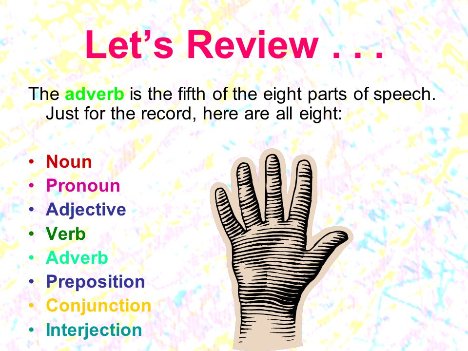 Let’s Review... The adverb is the fifth of the eight parts of speech.