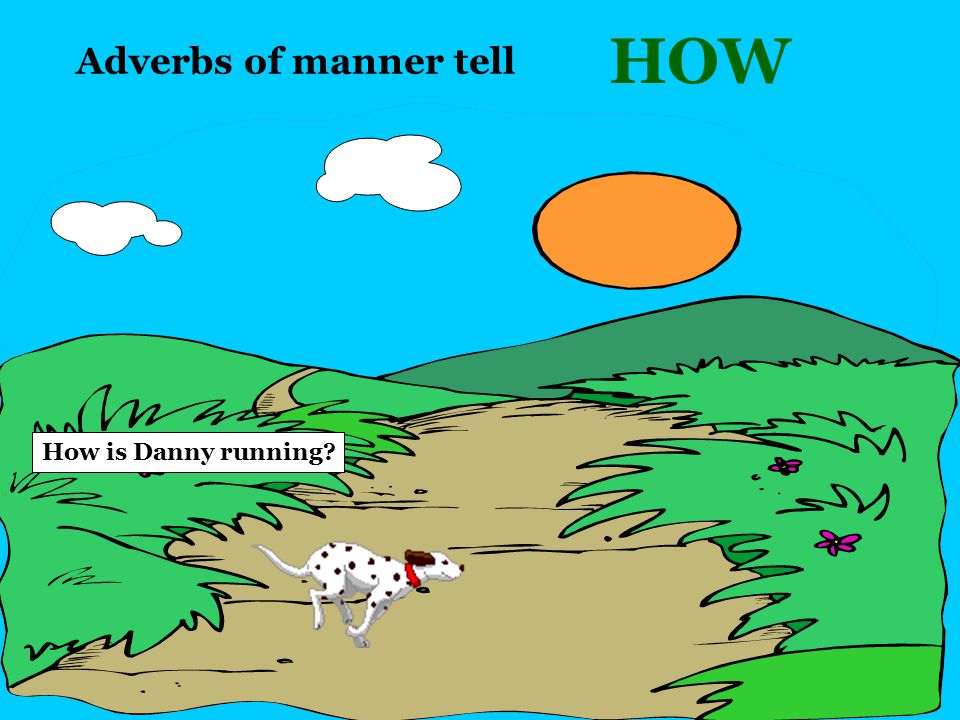Danny the dog is… outside on the road there There, outside, and on the road are all adverbs; they tell us WHERE Danny is.