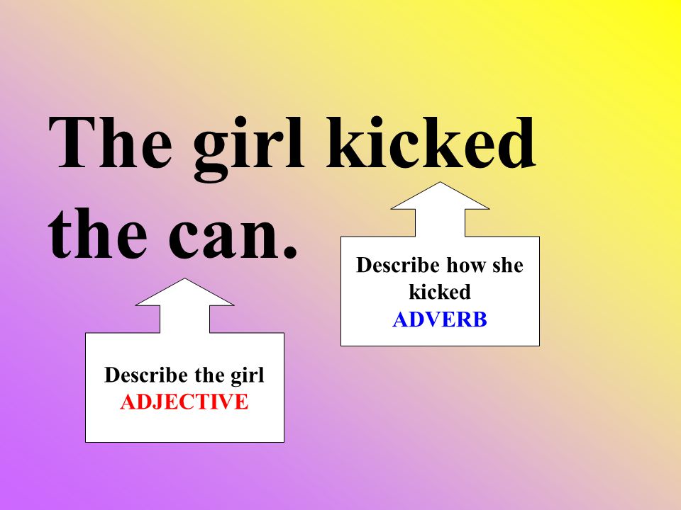 The girl kicked the can. Describe the girl ADJECTIVE Describe how she kicked ADVERB