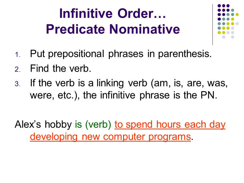 Infinitive Order…Subject 1. Put prepositional phrases in parenthesis.