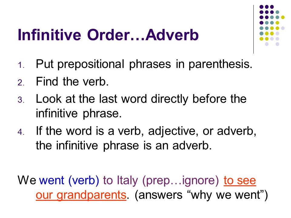 Infinitive Order…Adjective 1. Cross out all prepositional phrases.
