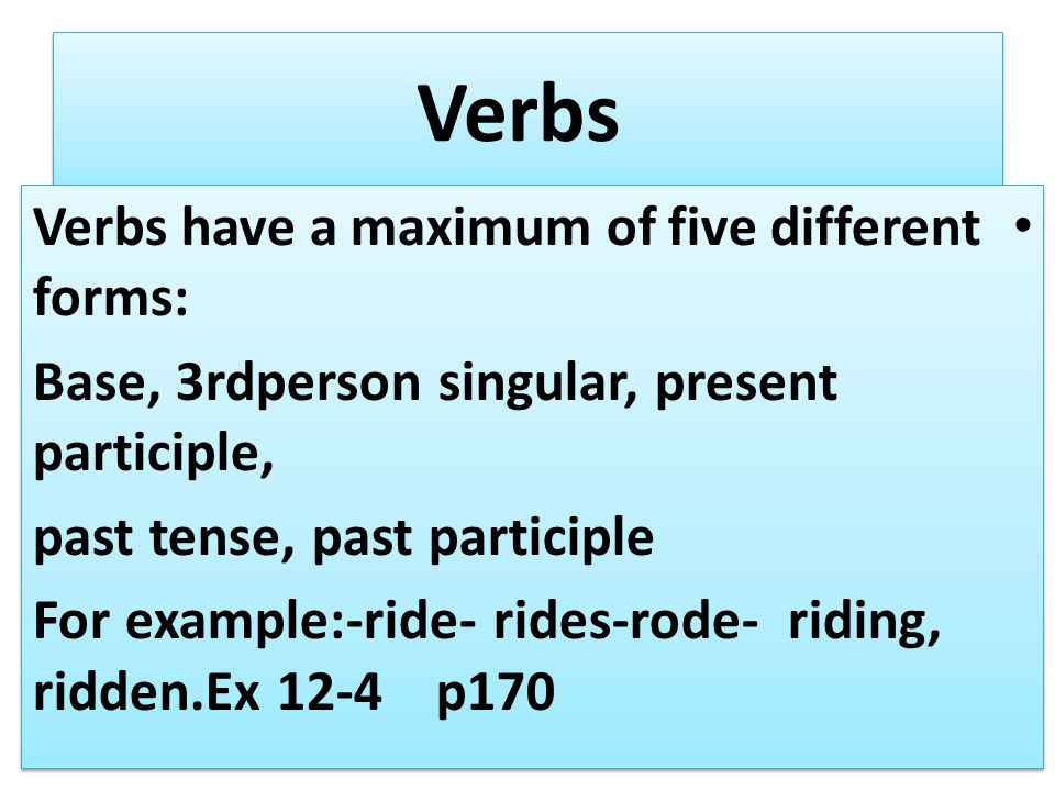 Verbs Verbs have a maximum of five different forms: Base, 3rdperson singular, present participle, past tense, past participle For example:-ride- rides-rode- riding, ridden.Ex 12-4 p170 Verbs have a maximum of five different forms: Base, 3rdperson singular, present participle, past tense, past participle For example:-ride- rides-rode- riding, ridden.Ex 12-4 p170
