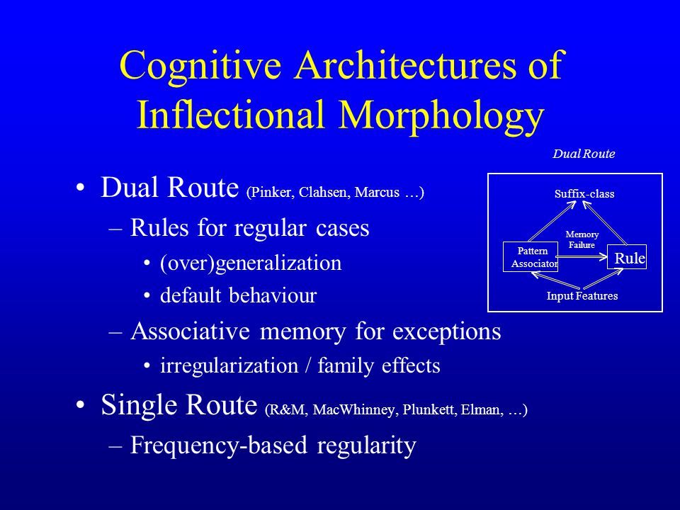 Cognitive Architectures of Inflectional Morphology Dual Route (Pinker, Clahsen, Marcus …) –Rules for regular cases (over)generalization default behaviour –Associative memory for exceptions irregularization / family effects Single Route (R&M, MacWhinney, Plunkett, Elman, …) –Frequency-based regularity Dual Route Pattern Associator Rule Input Features Suffix-class Memory Failure